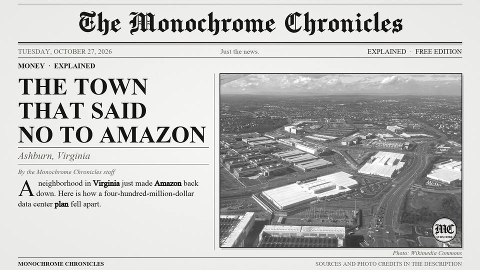 Title card of the video edition: The Town That Said No to Amazon’s Data Center