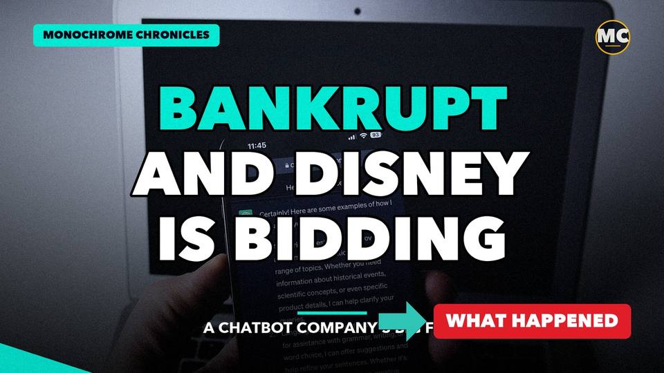 Title card of the video edition: A Chatbot Company Went Bankrupt. Disney Is Bidding.