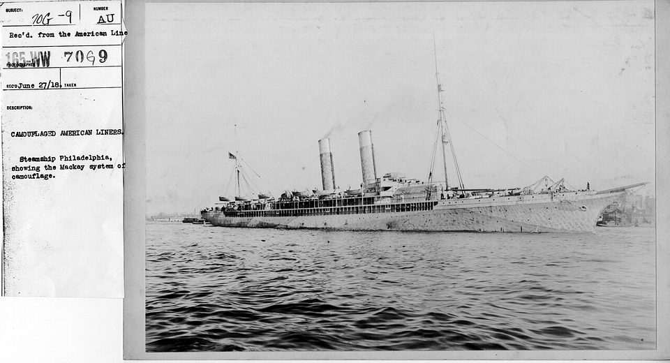 File photo: the American Line steamship Philadelphia in wartime camouflage, 1918.