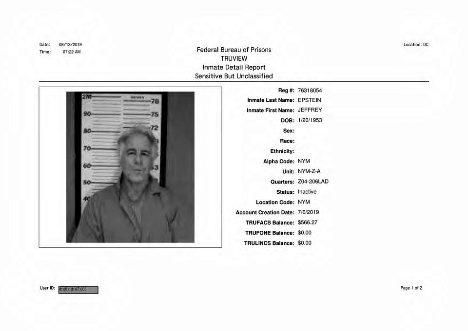 Federal Bureau of Prisons Inmate Detail Report Jeffrey Epstein