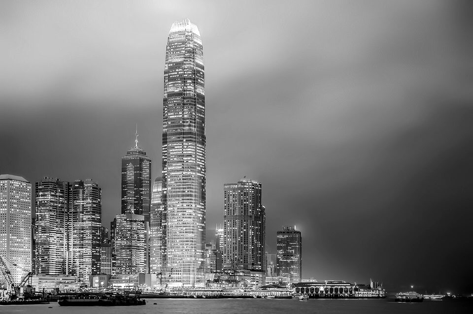 Hong Kong skyscrapers in a night of typhoon