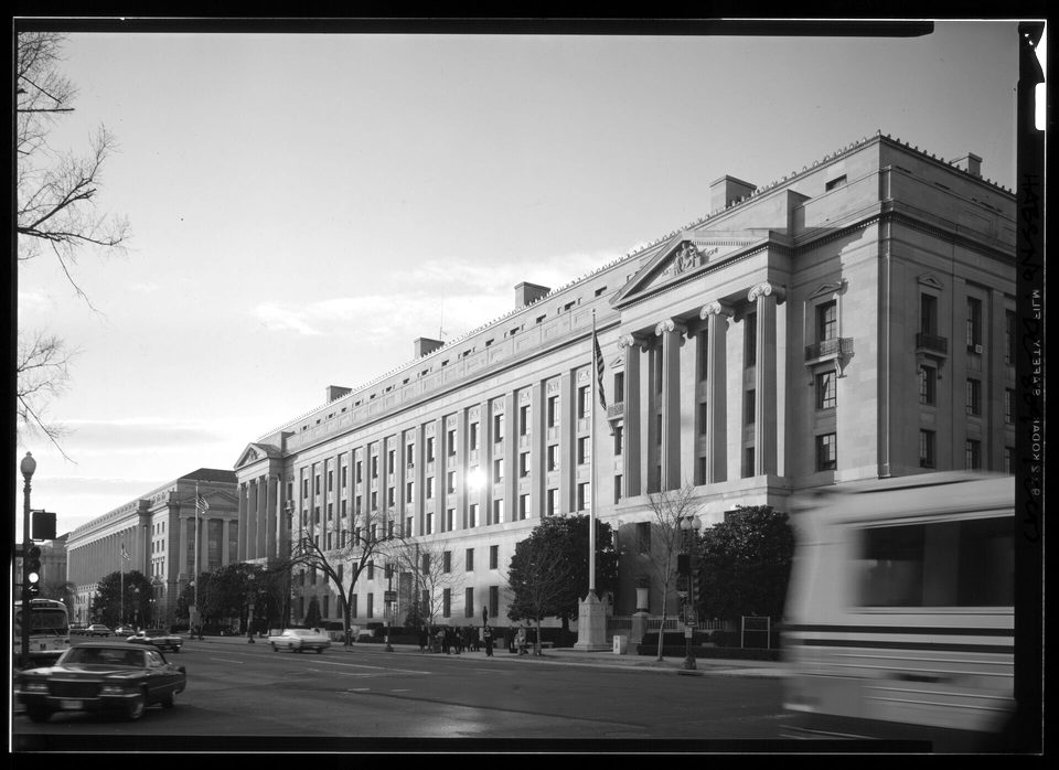 South facade looking southwest - United States Department of Justice, Constitution Avenue between Ninth and Tenth Streets, Northwest, Washington, District of Columbia, DC HABS DC,WASH,689-1 (CT)