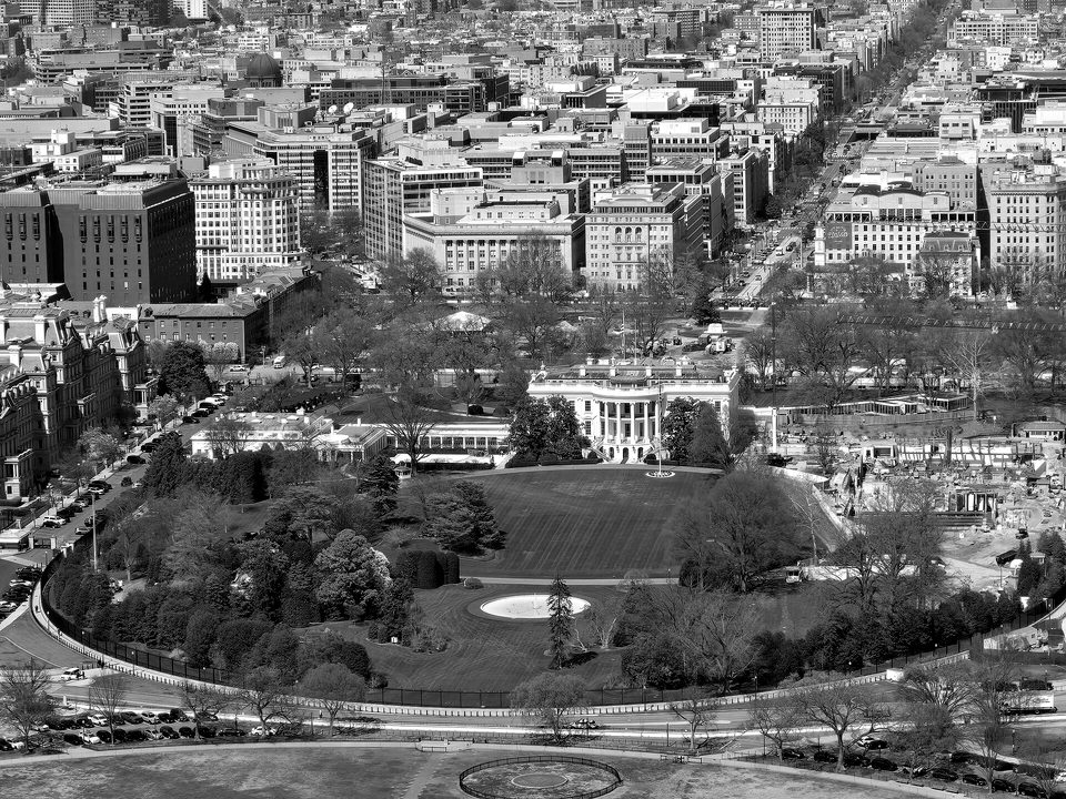 View of White House with demolished East Wing from Washington Monument