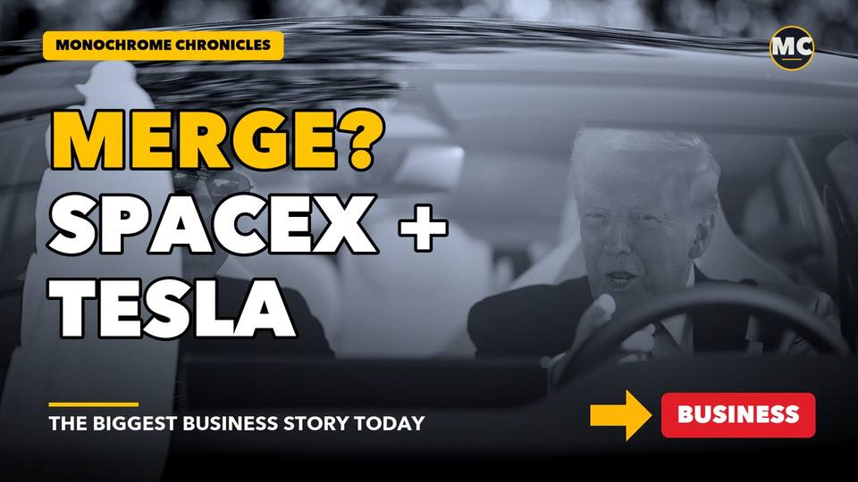 Title card of the video edition: Musk Says SpaceX and Tesla Could Merge