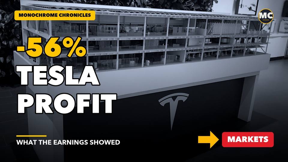 Title card of the video edition: Tesla’s Profit Fell 56% While It Spends Big on AI