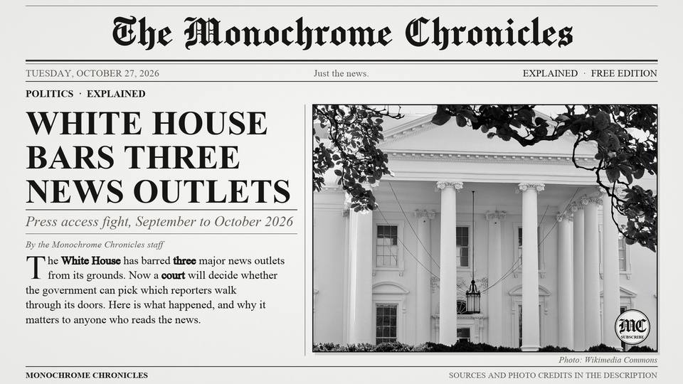 Title card of the video edition: The White House Barred Three Newsrooms. Can It Pick Its Reporters?